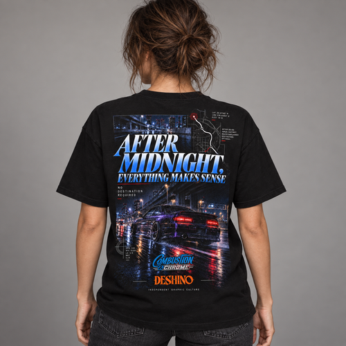 A woman shown from behind wearing a black graphic t-shirt with a large back print featuring a neon-lit car and the text 'AFTER MIDNIGHT. EVERYTHING MAKES SENSE.