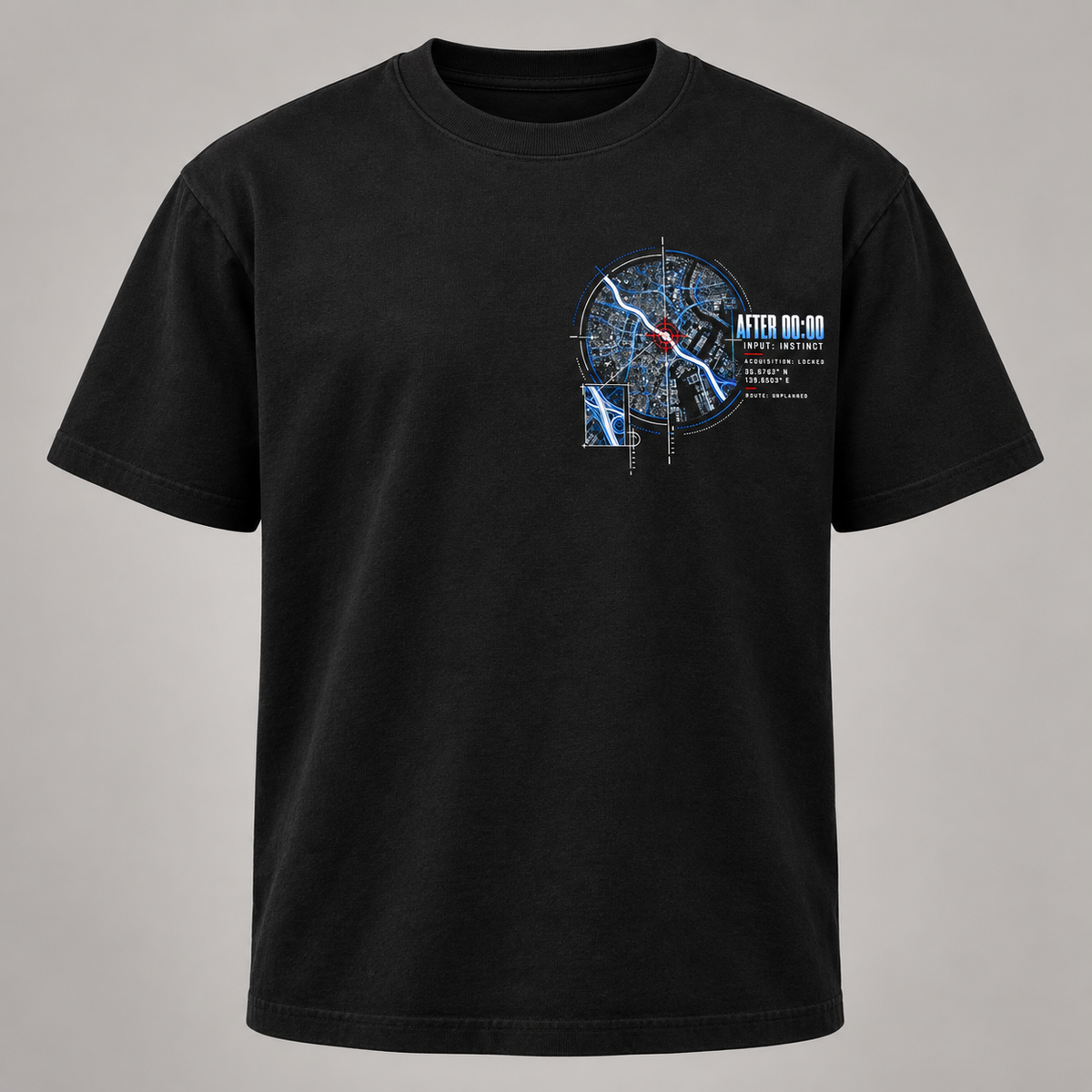 A black short-sleeve crewneck t-shirt with a circular graphic on the left chest depicting a city map in blue and white with a red clock hand, accompanied by the text 'AFTER 00:00'.