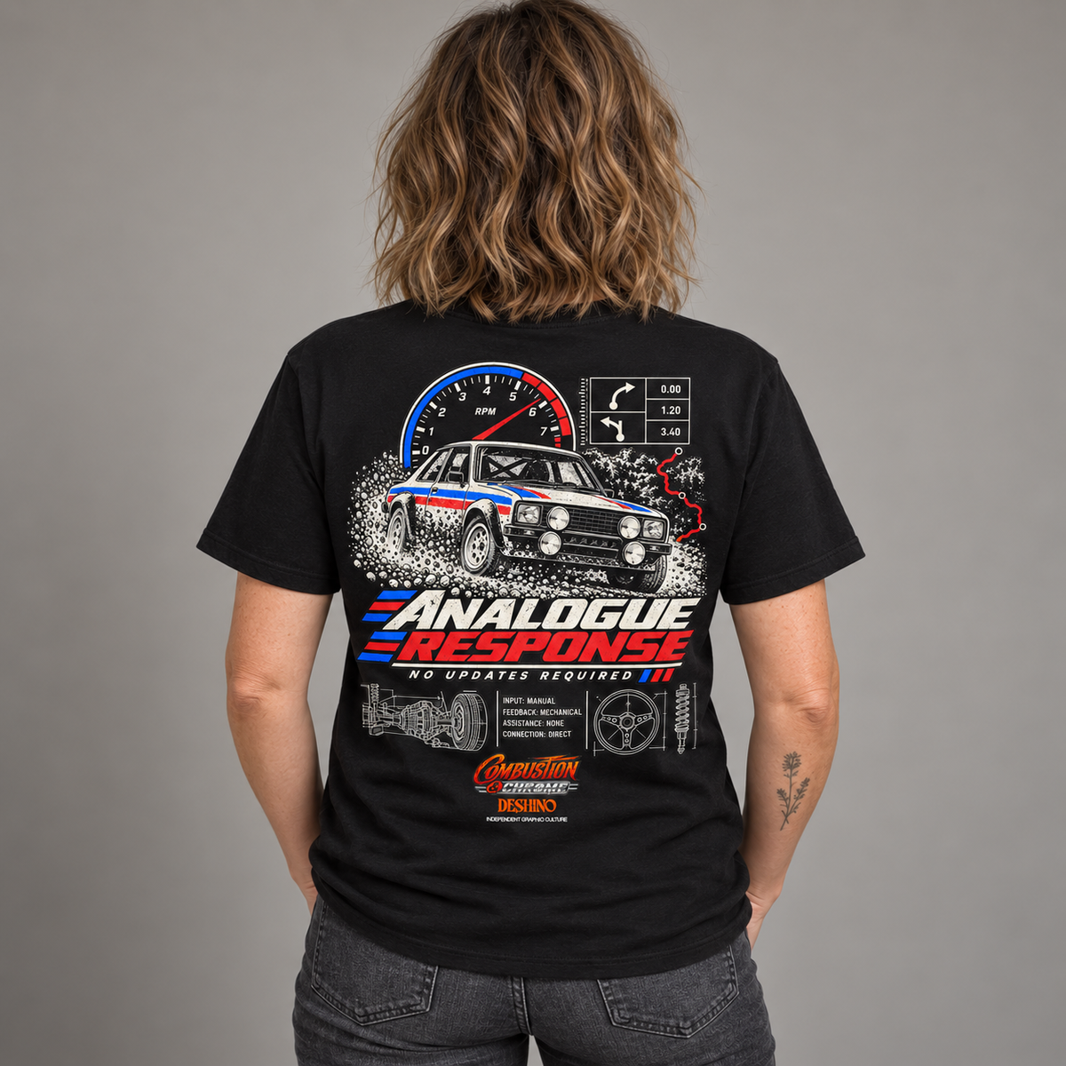 A person shown from the back wearing a black graphic T-shirt with a large car and speedometer print, paired with dark gray jeans, against a plain gray studio background.