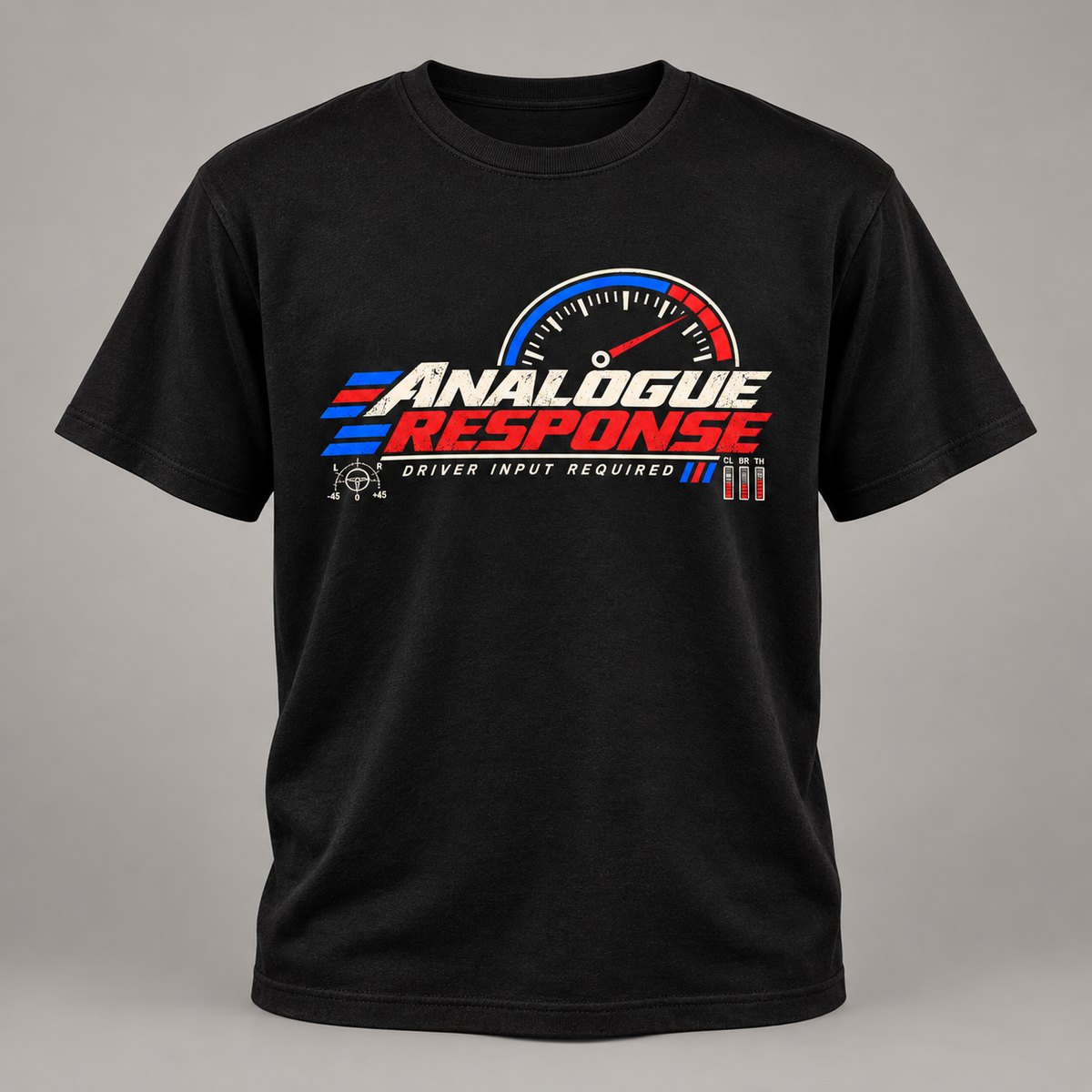 A black short-sleeve crewneck t-shirt featuring a 'Analogue Response' speedometer graphic on the chest, displayed against a neutral gray background.