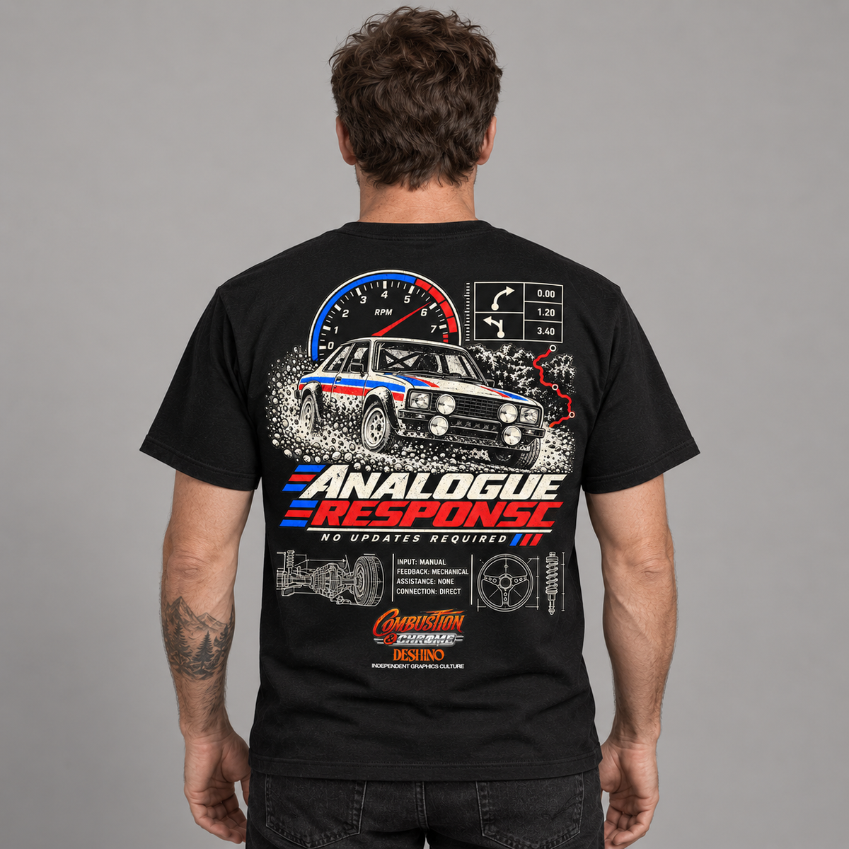 A man viewed from behind wearing a black short-sleeve t-shirt with a large back graphic. The graphic features a white race car with red and blue stripes, a speedometer, technical blueprint drawings, and the text 'ANALOGUE RESPONSE' and 'No Updates Required'.