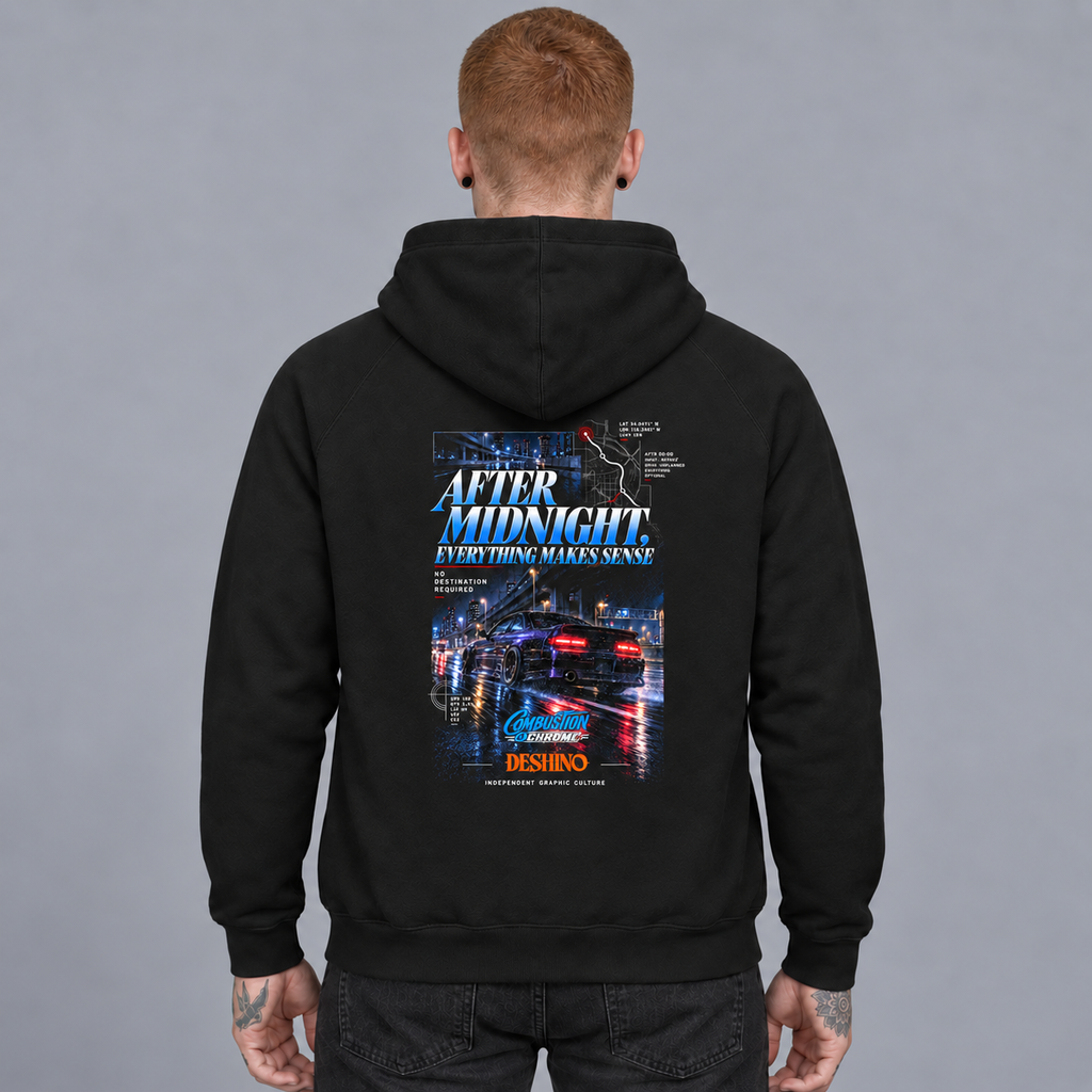A man viewed from behind wearing a black pullover hoodie with a large graphic print on the back. The graphic features the text 'AFTER MIDNIGHT'.