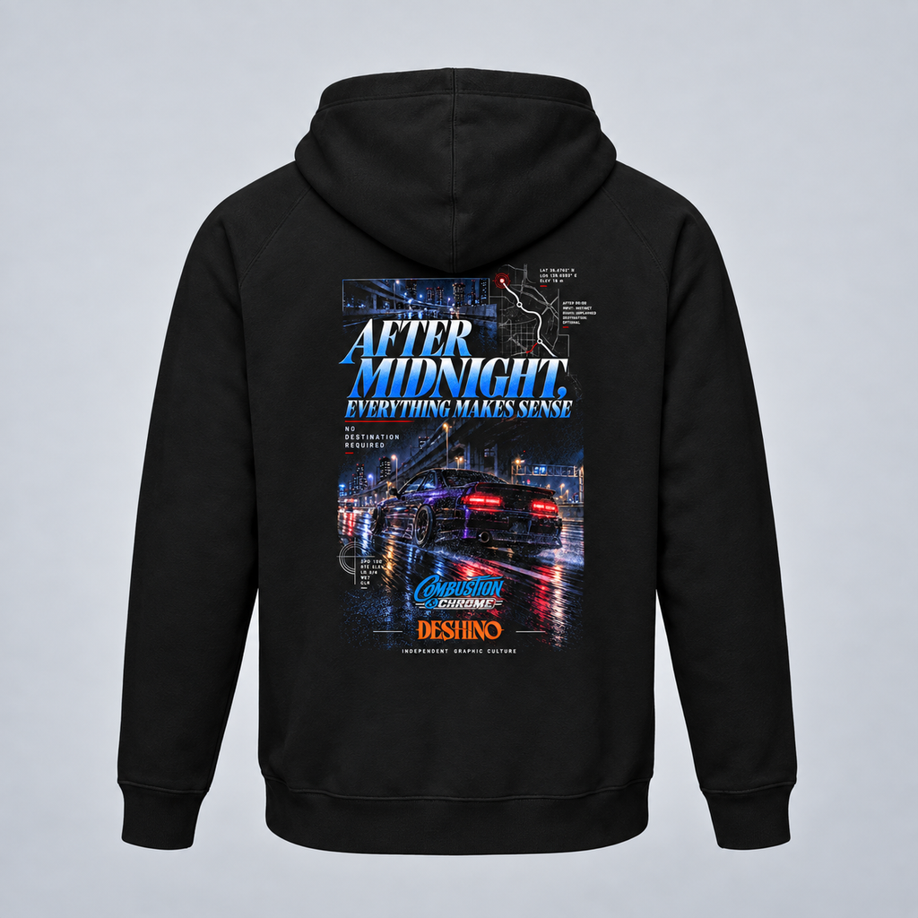 Deshino black pullover hoodie shown from the back, featuring a large graphic print with the text 'AFTER MIDNIGHT EVERYTHING MAKES SENSE' and a neon city car scene.