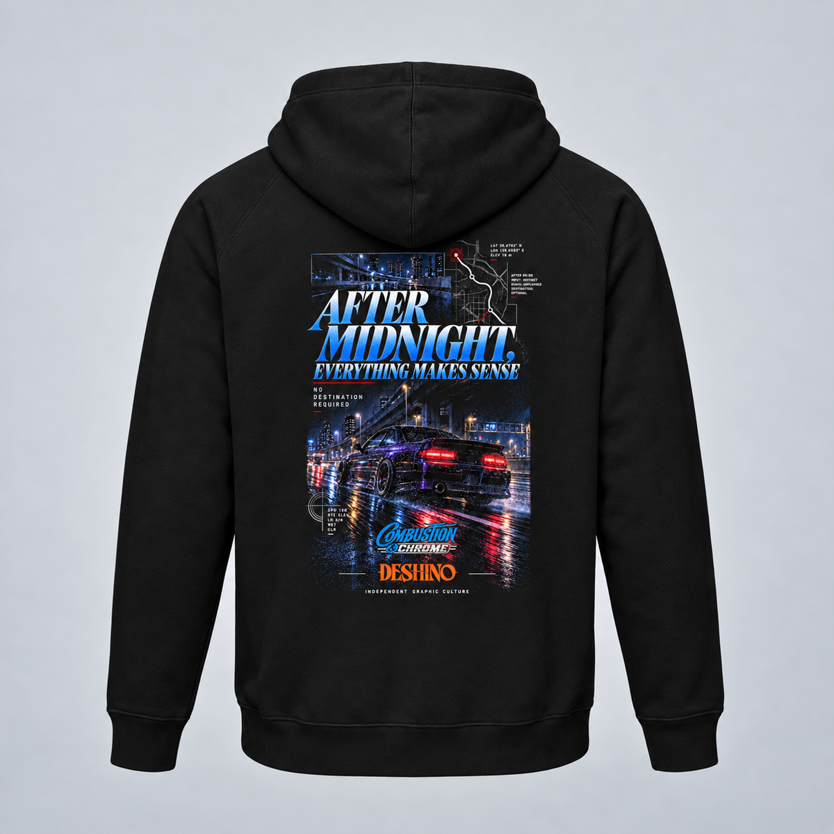 Deshino black pullover hoodie shown from the back, featuring a large graphic print with the text 'AFTER MIDNIGHT EVERYTHING MAKES SENSE' and a neon city car scene.