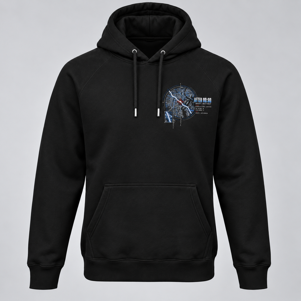 A black pullover hoodie with a kangaroo pocket and drawstrings, featuring a blue and white graphic print on the left chest, displayed on a neutral grey background.