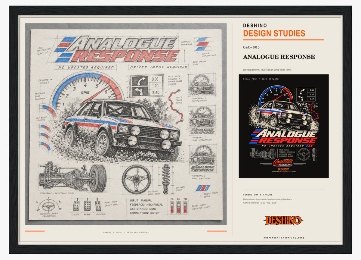 A framed Deshino Design Studies 'Analogue Response', featuring a rally car schematic with red, white, and blue accents, gauges, and technical callouts.