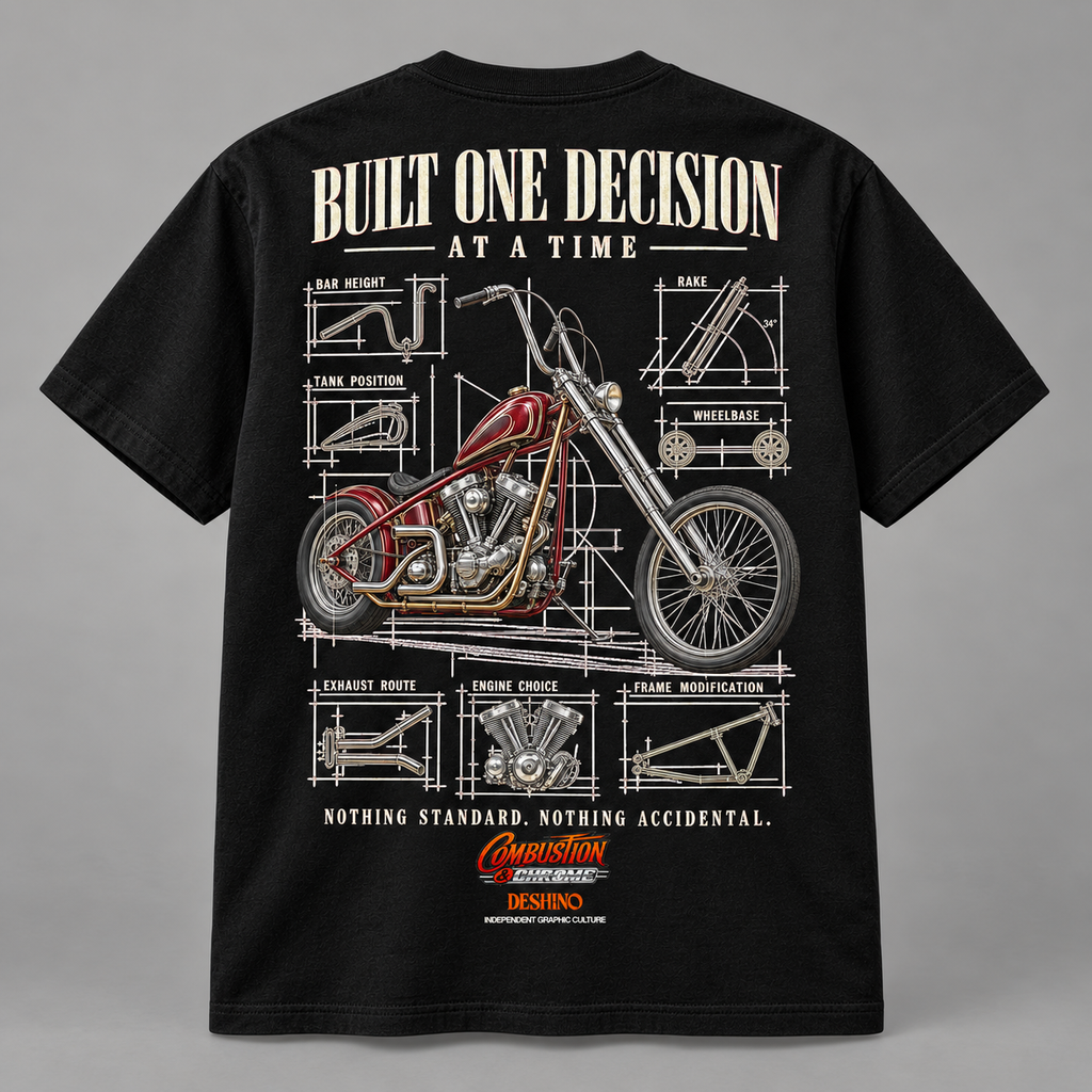 A black short-sleeve graphic T-shirt shown from the back on a neutral gray background. The shirt features a large technical blueprint-style print of a red chopper motorcycle with cream text reading 'BUILT ONE DECISION AT A TIME' and smaller technical callouts.