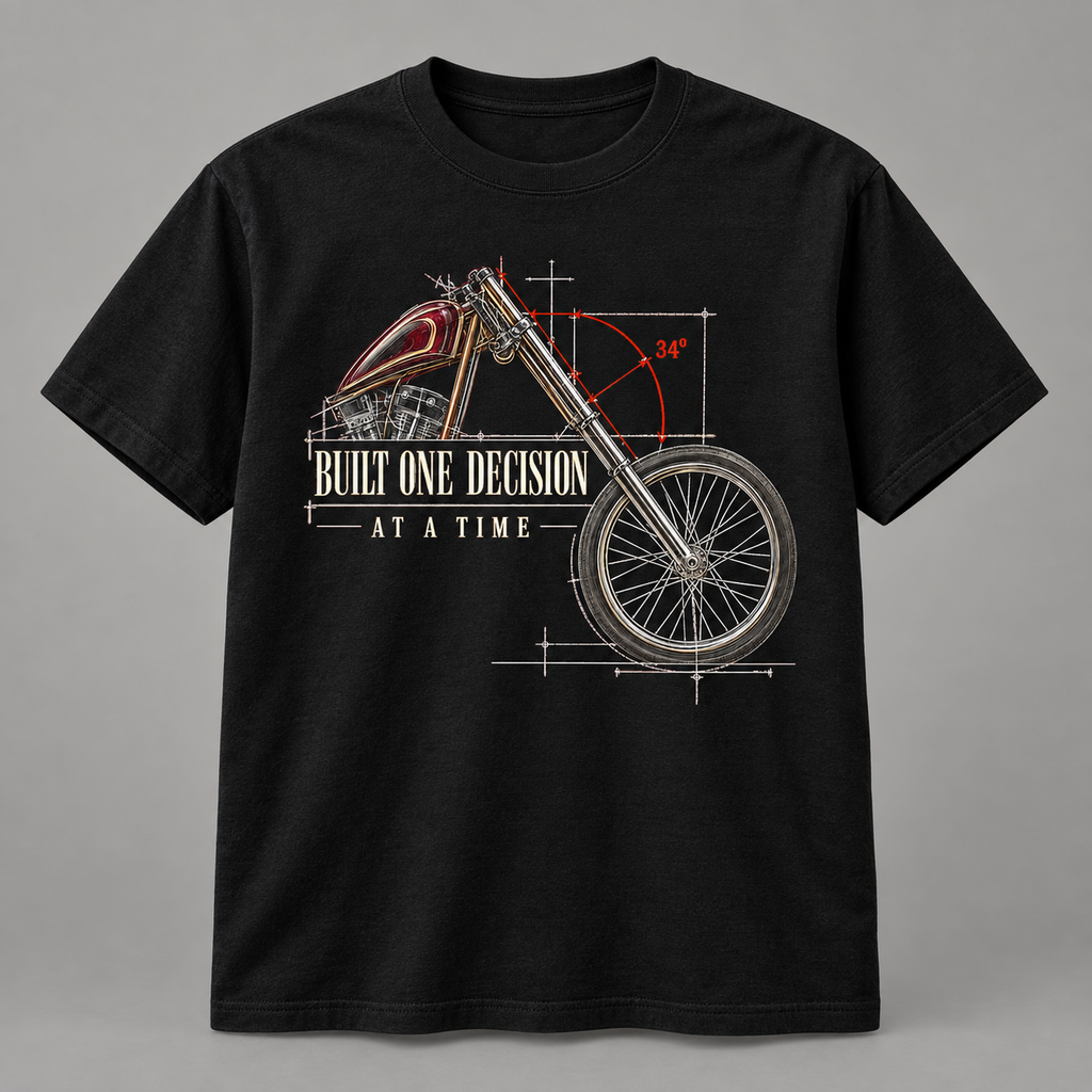 A black short-sleeve crewneck t-shirt featuring a technical blueprint-style graphic of a motorcycle with red and gold detailing, white text reading 'BUILT ONE DECISION AT A TIME', and red angle markings, shown on a neutral gray background.