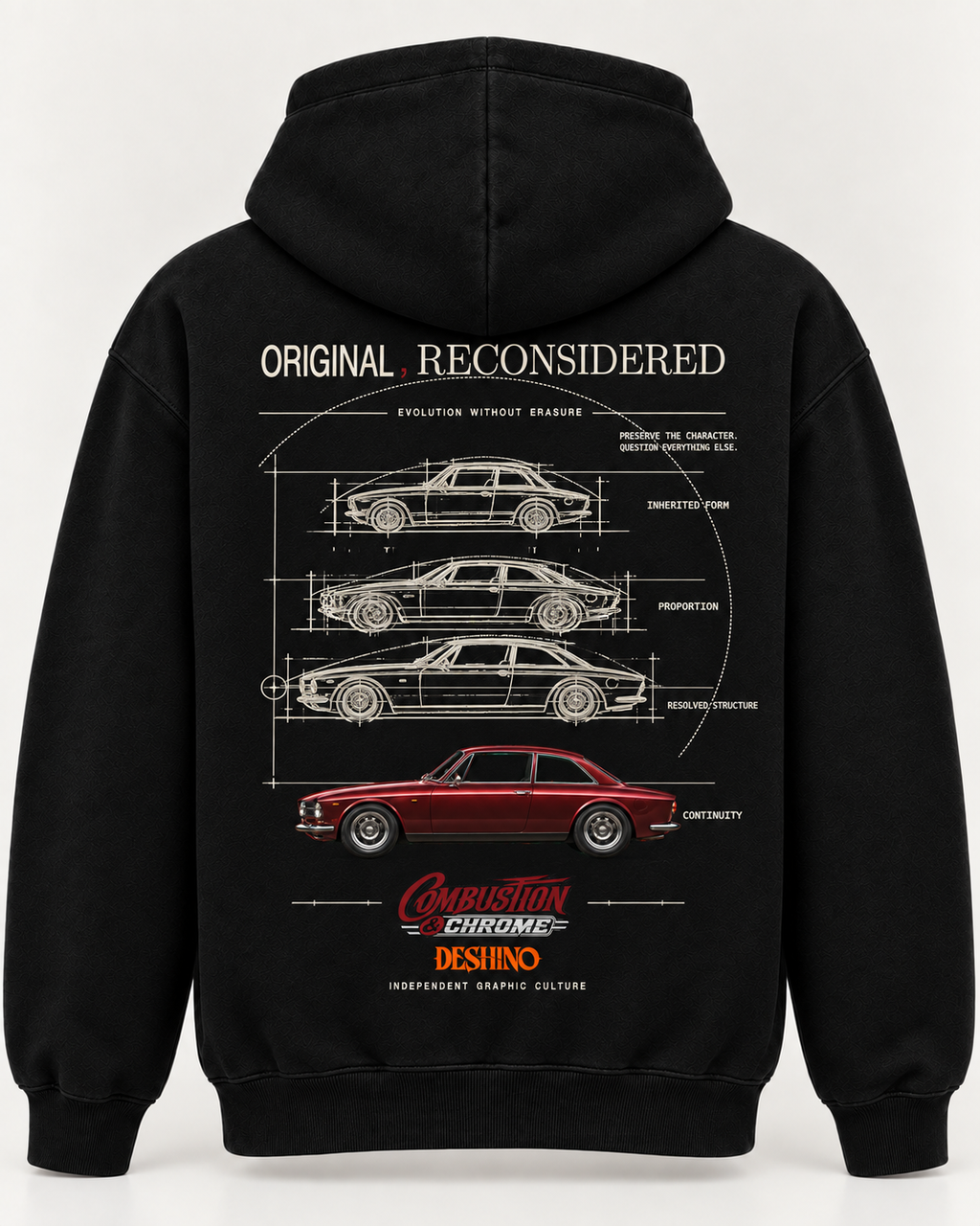 Black pullover hoodie shown from the back, featuring a large white technical-style car diagram with a red car illustration and the text 'ORIGINAL RECONSIDERED'.