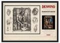 A framed art print featuring vintage-style black ink sketches and text for 'Frankenstein's Creature' by Deshino Design Studies, with a black frame and Museum Art Paper background.