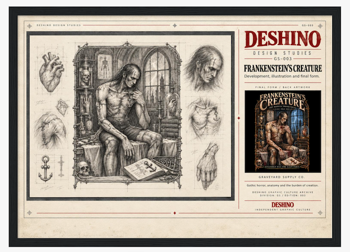 A framed art print featuring vintage-style black ink sketches and text for 'Frankenstein's Creature' by Deshino Design Studies, with a black frame and Museum Art Paper background.