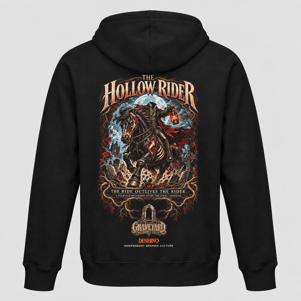 Black pullover hoodie shown from the back, featuring a large graphic print of a headless rider on a horse with the text 'The Hollow Rider'.