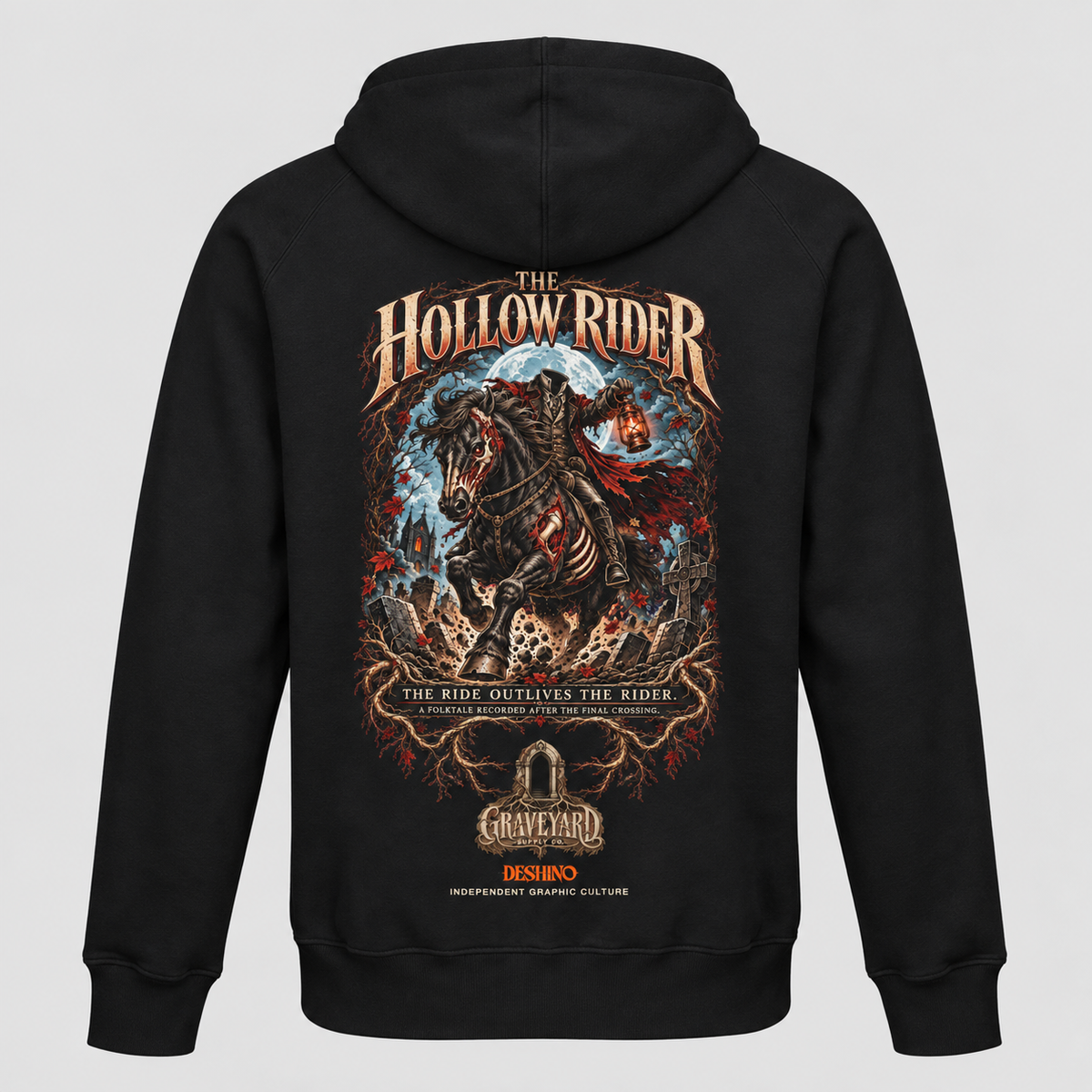 Black pullover hoodie shown from the back, featuring a large graphic print of a headless rider on a horse with the text 'The Hollow Rider'.