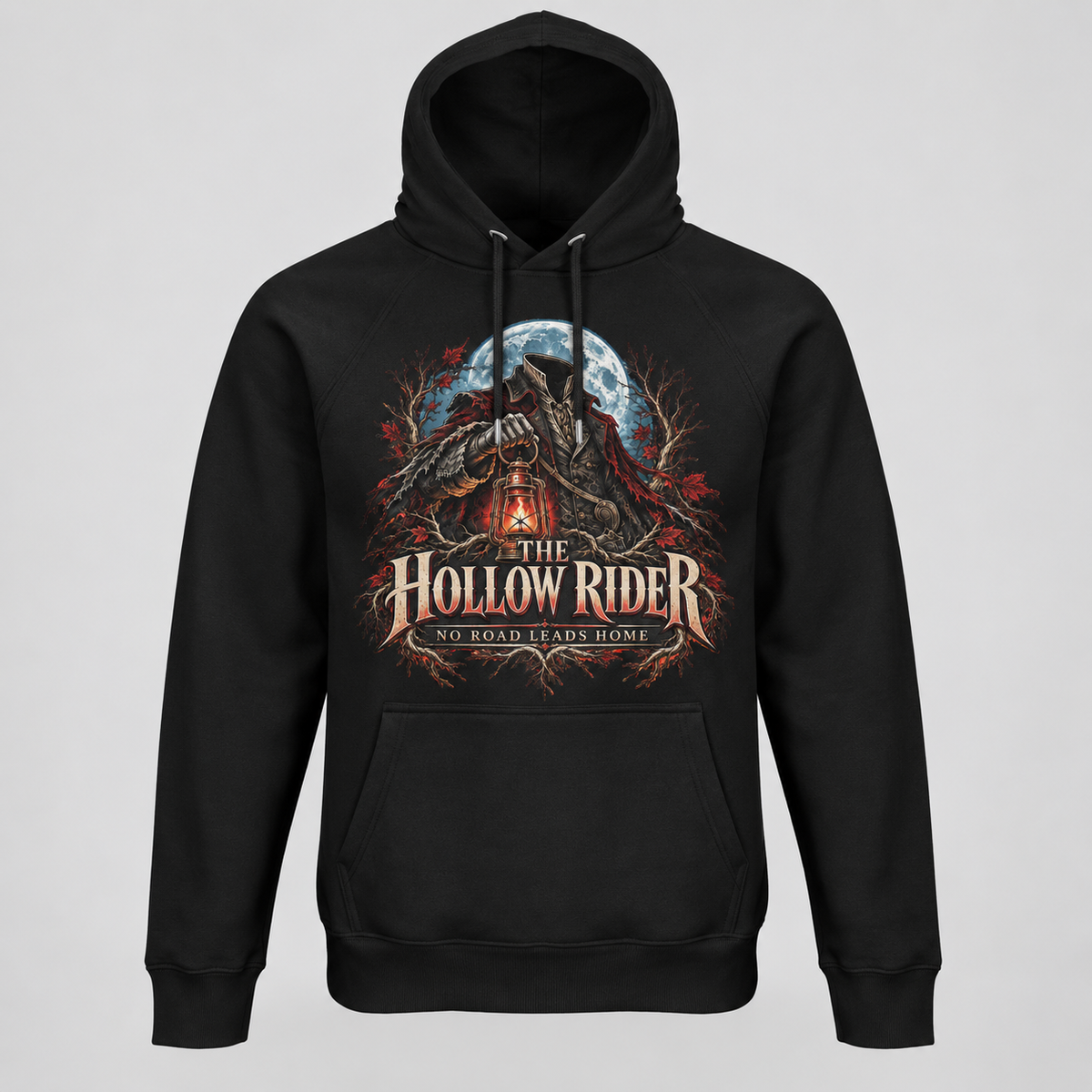 A black pullover hoodie with a large graphic print on the front featuring a hooded figure, a full moon, and the text 'THE HOLLOW RIDER' and 'NO ROAD LEADS HOME'.