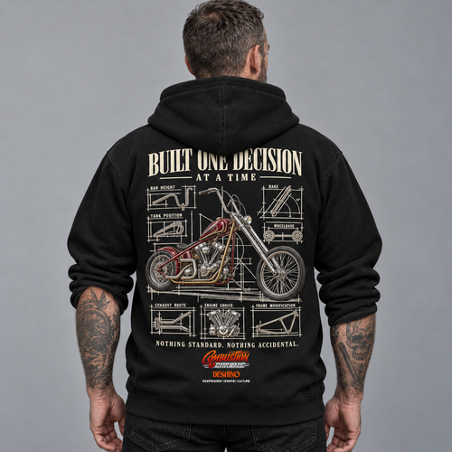 A man viewed from behind wearing a black hoodie with a large motorcycle blueprint graphic on the back. The graphic features a red chopper motorcycle and technical-style diagrams with text including 'BUILT ONE DECISION AT A TIME'.