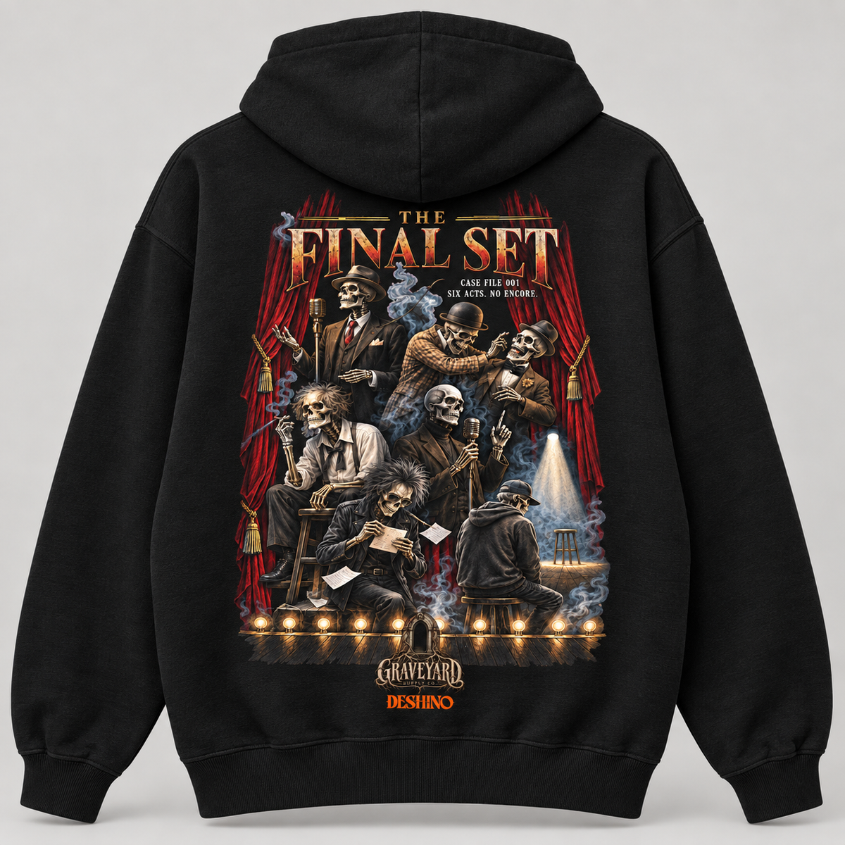 A black pullover hoodie shown from the back, featuring a large graphic print of dead comedians in a theatre scene with red curtains, stage lights, and the text 'THE FINAL SET'.