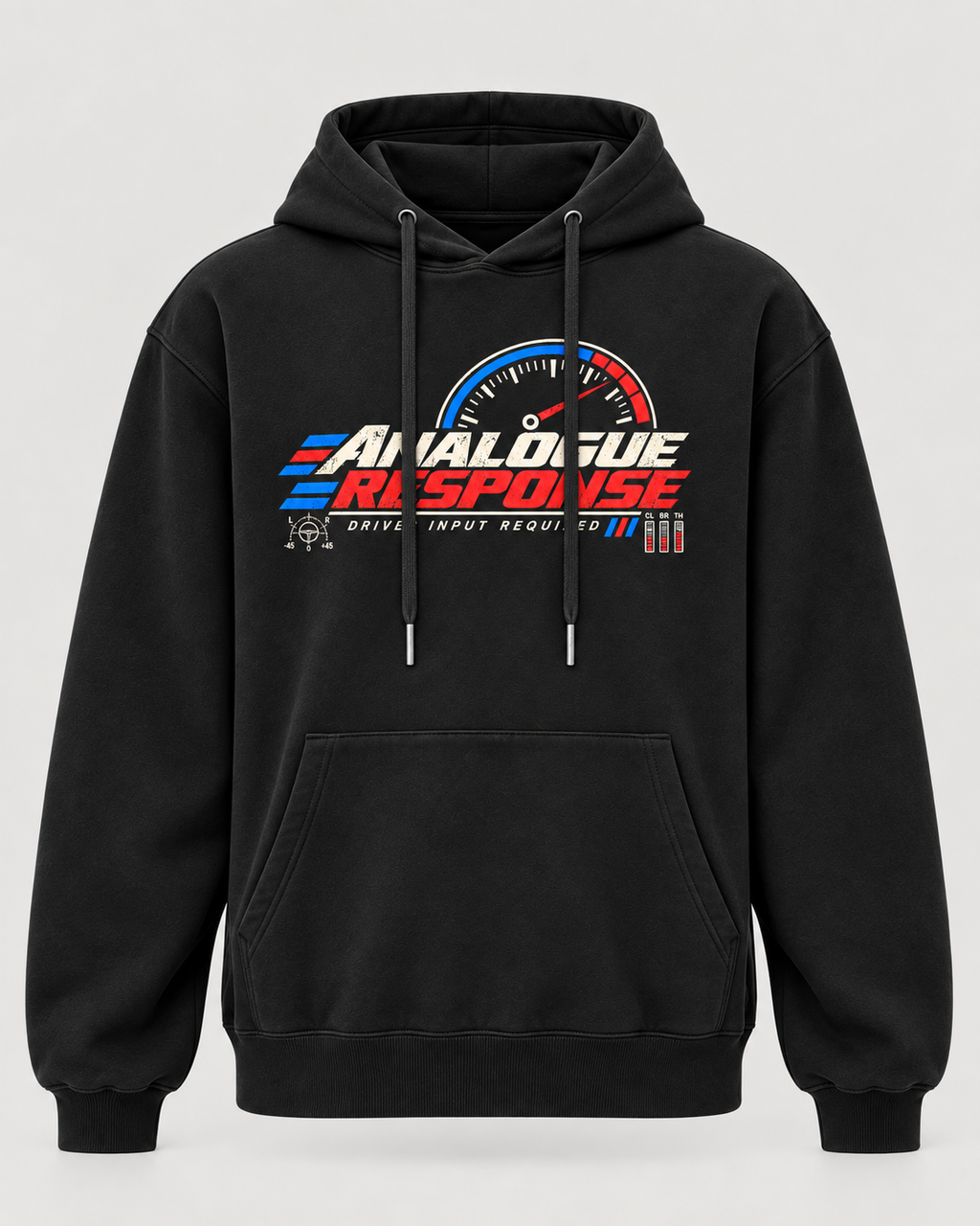 A black pullover hoodie with a front kangaroo pocket and drawstrings, featuring a large 'Analogue Response' graphic on the chest with a speedometer design and red, white, and blue accents, shown against a light gray background.