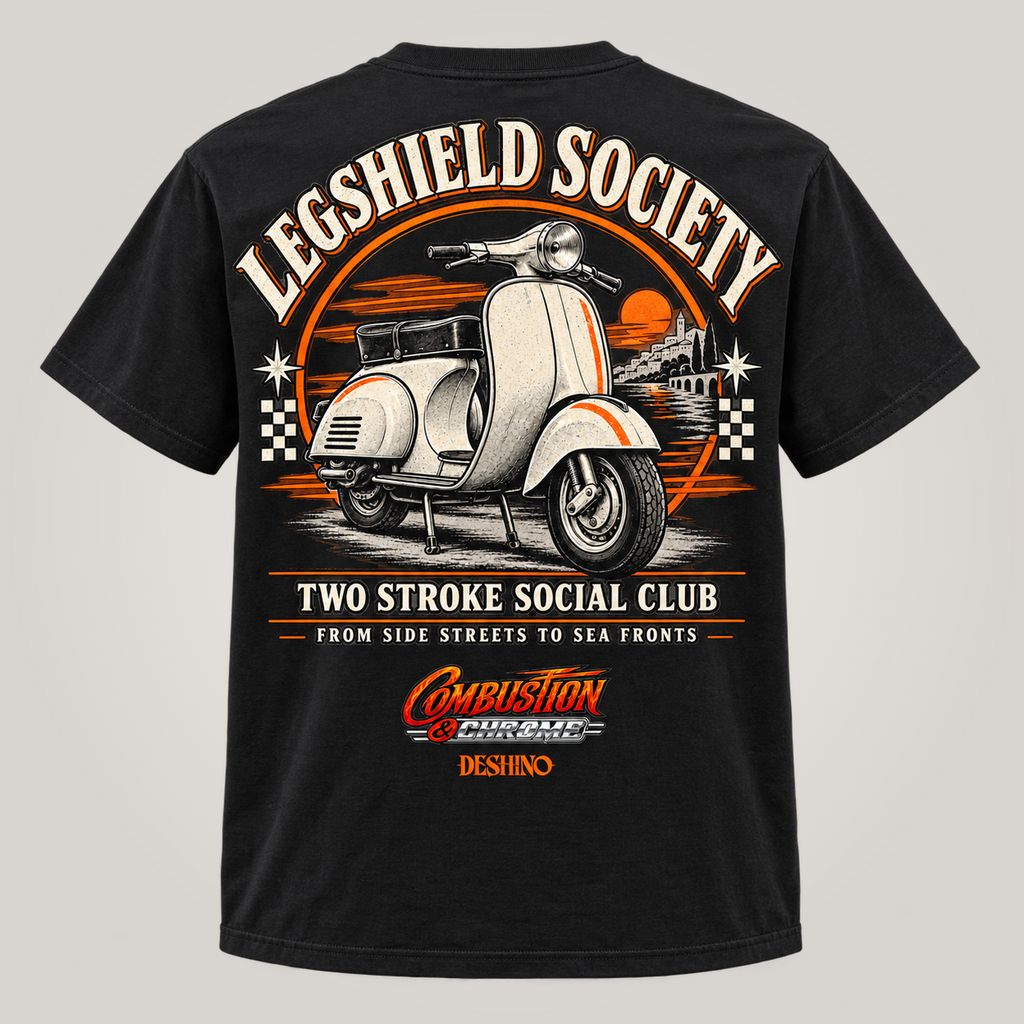 A black short-sleeve t-shirt shown from the back, featuring a large graphic print of a vintage scooter with the text 'LEGSHIELD SOCIETY' and 'TWO STROKE SOCIAL CLUB' in white, orange, and brown tones.