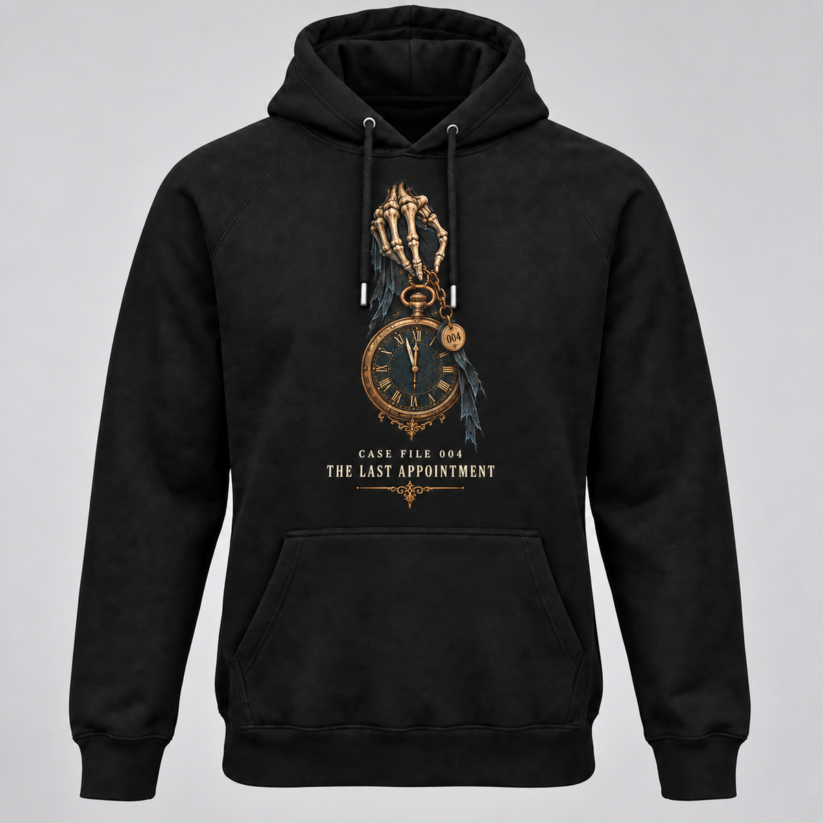 A black pullover hoodie with a gothic-themed graphic print featuring a skeleton hand holding an ornate pocket watch, with the text 'CASE FILE 004 THE LAST APPOINTMENT' below it, shown against a neutral grey background.