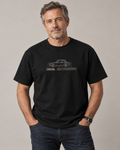A man wearing a black short-sleeve t-shirt with a white line art graphic of a classic car and the text 'ORIGINAL RECONSIDERED' on the chest, paired with dark blue jeans, against a neutral gray background.