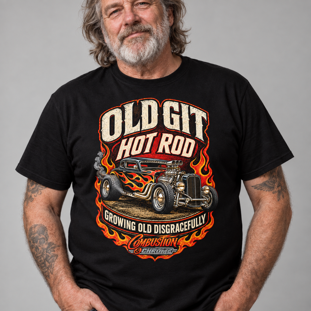A man wearing a black graphic t-shirt with a vintage hot rod car design and flames. The text on the shirt reads 'OLD GIT HOT ROD' and 'GROWING OLD DISGRACEFULLY' & COMBUSTION & CHROME LOGO'.