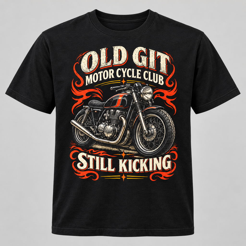 A black short-sleeve graphic t-shirt featuring a vintage-style motorcycle illustration with the text 'OLD GIT MOTOR CYCLE CLUB' and 'STILL KICKING' in cream and orange lettering, set against a plain gray background.