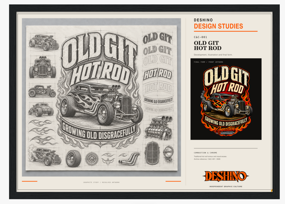 A framed design print featuring vintage hot rod illustrations and typography, including the text 'OLD GIT HOT ROD' and 'GROWING OLD DISGRACEFULLY.' The left side shows monochrome hot rod artwork and engine details, while the right side includes branding text 'DESHINO DESIGN STUDIES' and a smaller matching graphic on a black background.