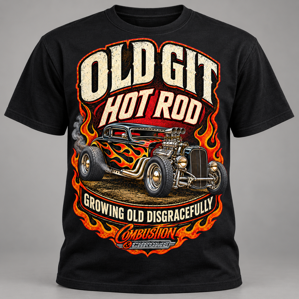 A black short-sleeve graphic t-shirt featuring a hot rod car with flames and the text 'OLD GIT HOT ROD' and 'GROWING OLD DISGRACEFULLY' on a gray studio background.