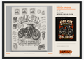 A framed graphic design print featuring an illustrated vintage motorcycle and decorative typography reading 'Old Git Motor Cycle Club' and 'Still Kicking.' The left side shows a large monochrome design layout, while the right side includes a smaller preview panel with orange accents and the DESHINO STUDIES branding.