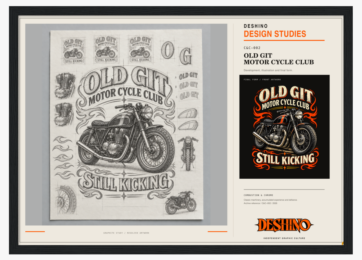 A framed graphic design print featuring an illustrated vintage motorcycle and decorative typography reading 'Old Git Motor Cycle Club' and 'Still Kicking.' The left side shows a large monochrome design layout, while the right side includes a smaller preview panel with orange accents and the DESHINO STUDIES branding.