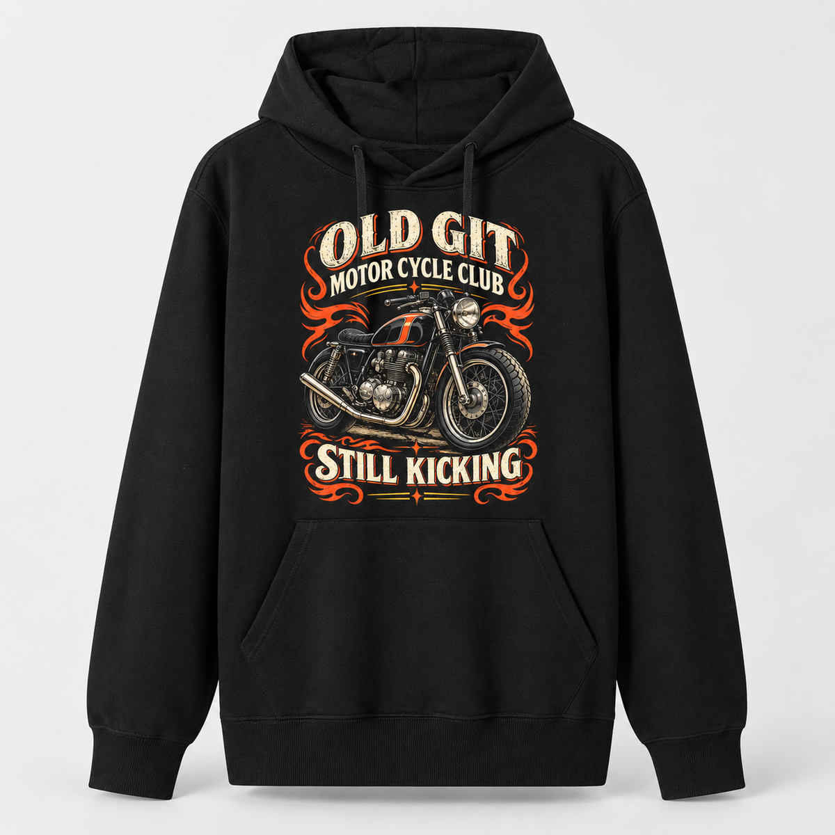 A black pullover hoodie with a vintage-style graphic on the chest featuring a motorcycle and the text 'OLD GIT MOTOR CYCLE CLUB' and 'STILL KICKING' in orange, cream, and yellow tones, shown on a light gray background.