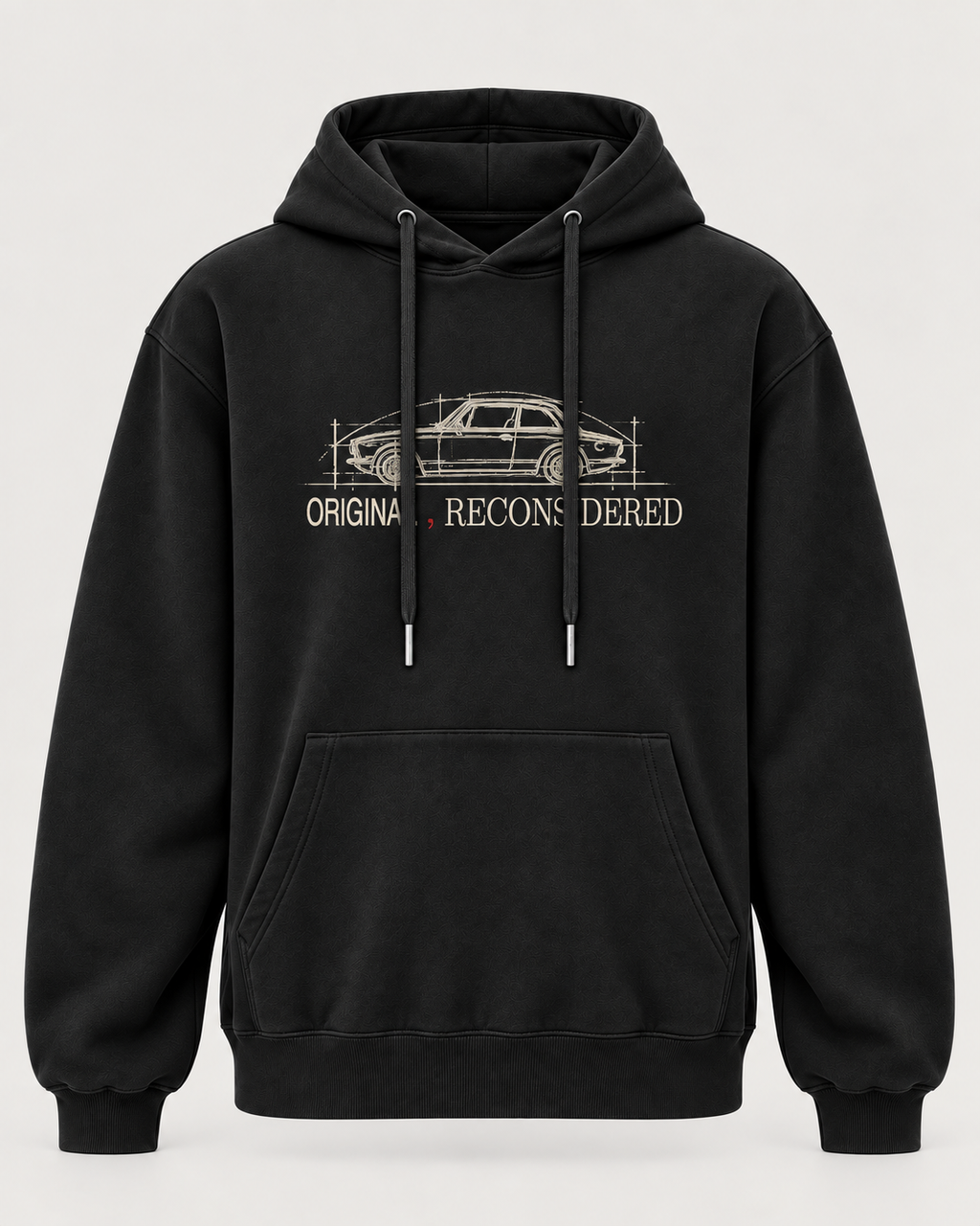 A black pullover hoodie with a front kangaroo pocket and drawstrings, featuring a white line-art car graphic and the words 'ORIGINAL RECONSIDERED' printed on the chest, shown against a light gray background.