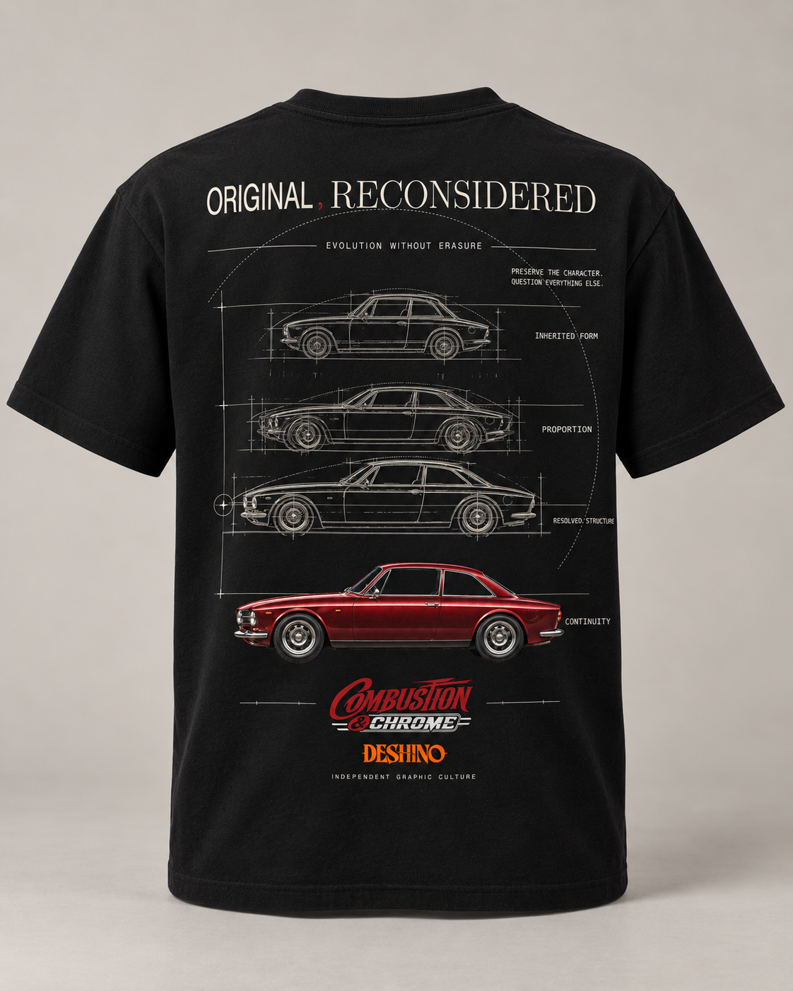 Black short-sleeve graphic T-shirt shown from the back, featuring white car schematics and a red car illustration with text including 'ORIGINAL RECONSIDERED' and 'Combustion Chrome' & 'Deshino' Logos.