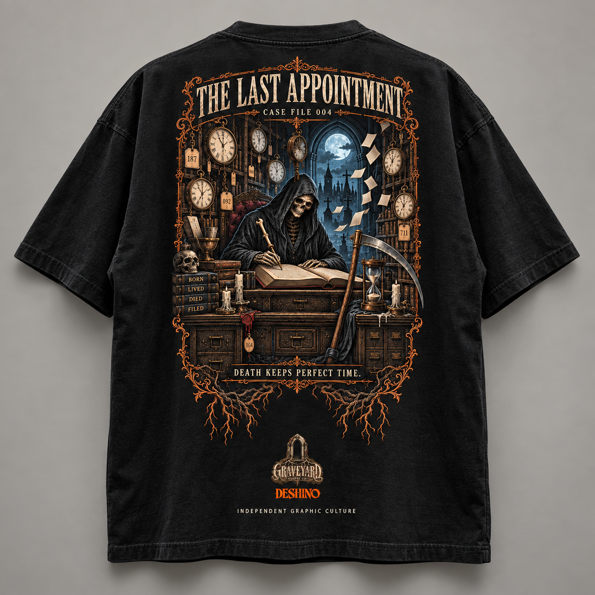 A black graphic t-shirt shown from the back, featuring a detailed gothic illustration of a grim reaper writing in a desk with clocks and papers, under the text 'THE LAST APPOINTMENT'. The shirt is displayed flat against a neutral gray background.