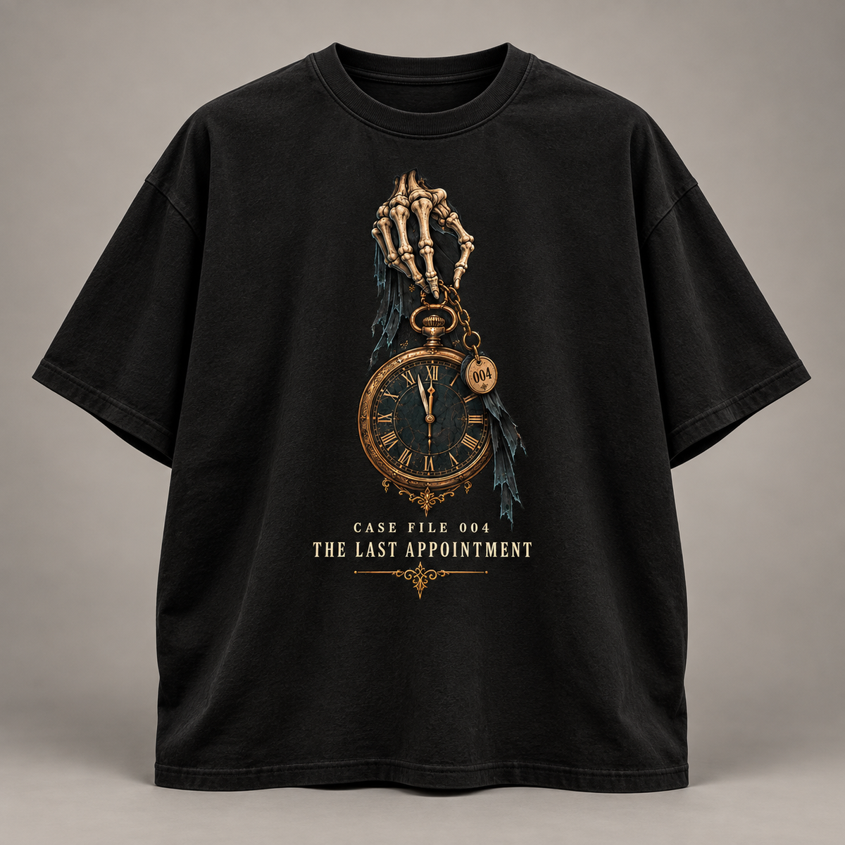 A black short-sleeve t-shirt with a graphic print of a skeleton hand holding a pocket watch, with the text 'CASE FILE 004 THE LAST APPOINTMENT' printed below, shown against a neutral gray background.