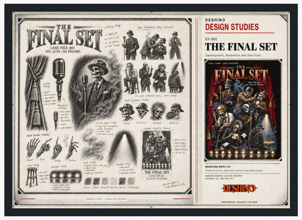 A framed vintage-style poster or art print titled 'The Final Set' with black ink illustrations, notes, and a smaller inset artwork on the right. The print includes text such as 'Deshino Design Studies' and 'The Final Set,' and is shown against a dark background with a thin light border.