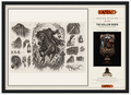 A framed art print featuring black and white sketch illustrations of 'The Hollow Rider' by designer Deshino. The print includes multiple detailed drawings of a rider on a horse, lanterns, and spooky landscapes, alongside a black poster mockup and branding text for Deshino Design Studies.