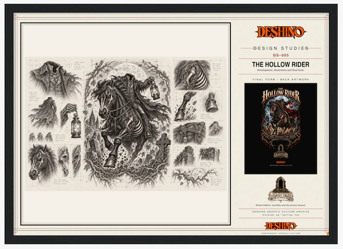 A framed art print featuring black and white sketch illustrations of 'The Hollow Rider' by designer Deshino. The print includes multiple detailed drawings of a rider on a horse, lanterns, and spooky landscapes, alongside a black poster mockup and branding text for Deshino Design Studies.