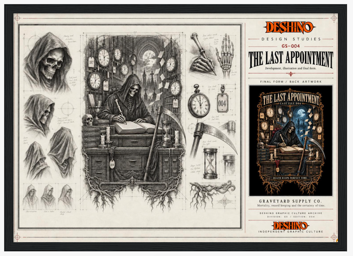 A framed art print featuring gothic-style black and white illustrations of a grim reaper at a desk, clocks, a hand, and roots, alongside a smaller printed cover design for 'The Last Appointment' by Deshino Design Studies.