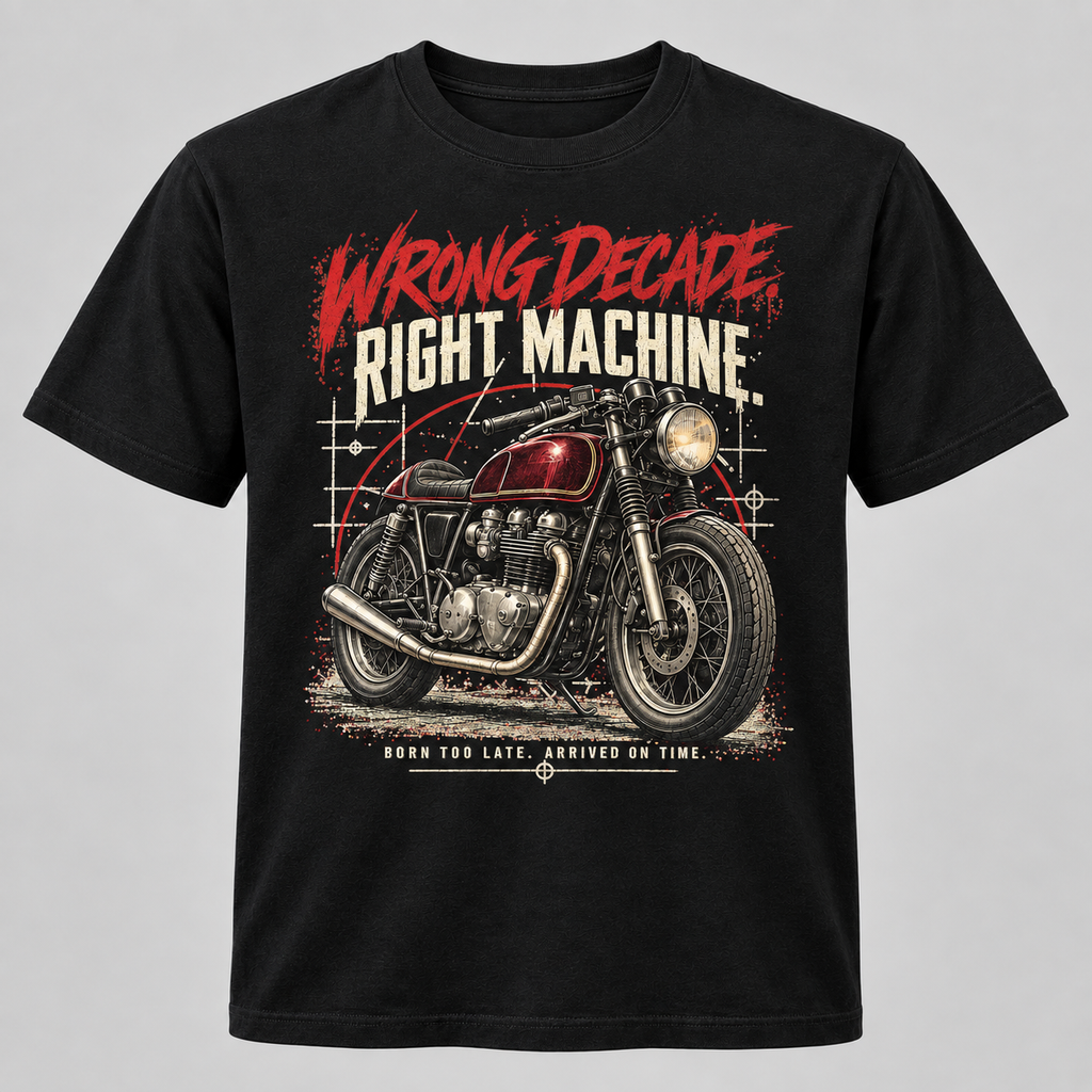 A black short-sleeve graphic t-shirt featuring a vintage-style motorcycle print with the text 'WRONG DECADE RIGHT MACHINE' and 'BORN TOO LATE, ARRIVED ON TIME.' on a light gray background.