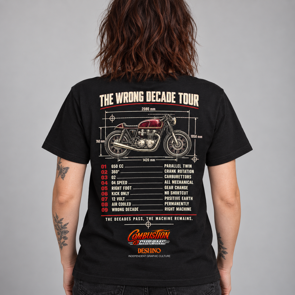 A person shown from the back wearing a black graphic T-shirt. The shirt features a large vintage motorcycle diagram with dimensions and a track list titled 'THE WRONG DECADE TOUR' in cream and red text.