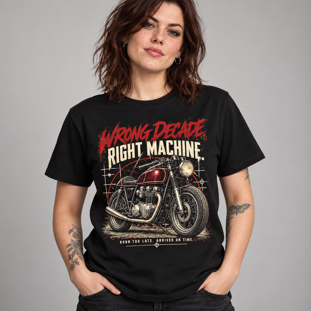 A woman wearing a black graphic t-shirt with a vintage motorcycle and the text 'WRONG DECADE RIGHT MACHINE' on a solid gray background.