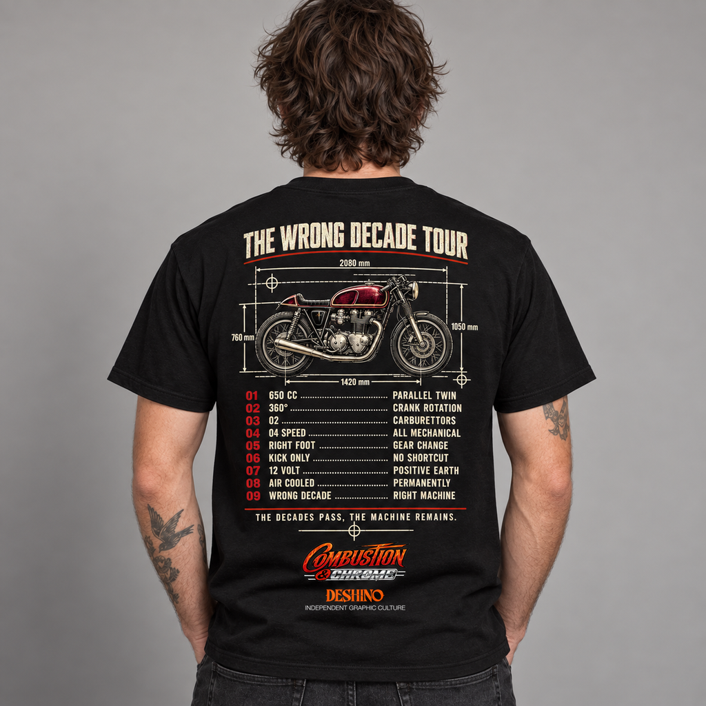 A man viewed from behind wearing a black t-shirt with a detailed back graphic. The graphic features a red and silver motorcycle with dimension lines, the text 'THE WRONG DECADE TOUR', a numbered list, and the 'Combustion & Chrome' & 'Deshino' logos.