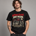A man wearing a black graphic t-shirt with a vintage motorcycle design and the text 'WRONG DECADE RIGHT MACHINE'.