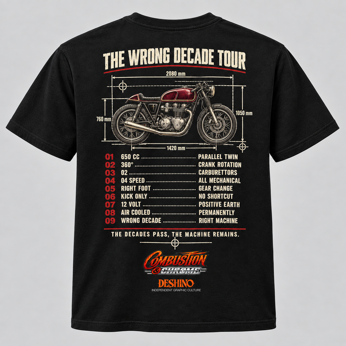 A black short-sleeve graphic T-shirt laid flat against a light gray background. The shirt features a large front print with a vintage motorcycle illustration, measurement lines, a numbered list from 01 to 09, and the text 'THE WRONG DECADE TOUR' and 'Combustion & Chrome' & 'Deshino' Logos.