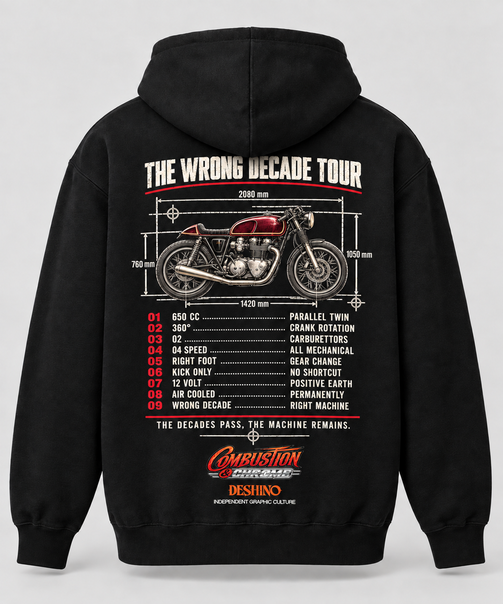 Black pullover hoodie shown from the back, featuring a large graphic print with a motorcycle illustration and the text 'THE WRONG DECADE TOUR' plus a listed parts schedule.