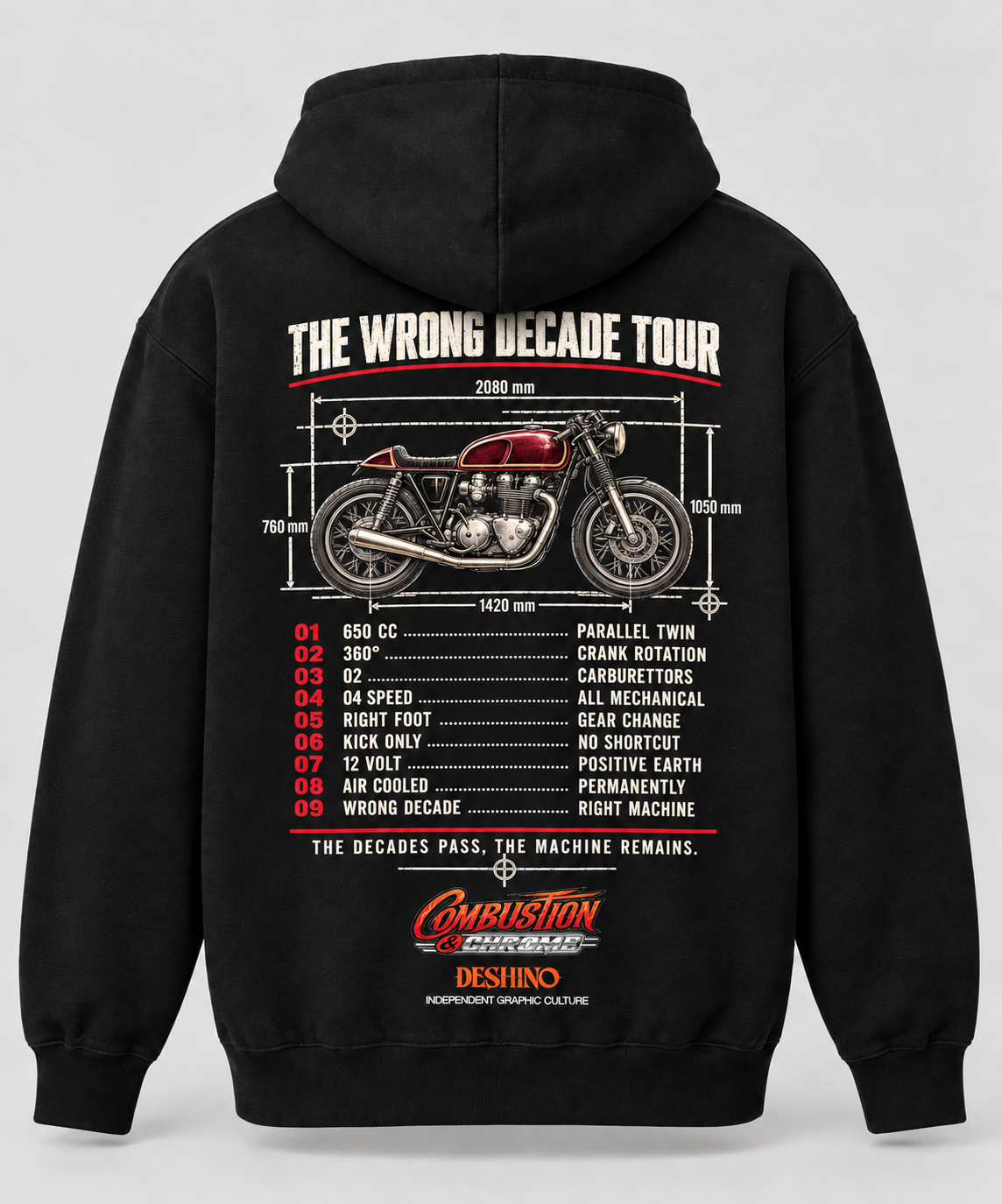 Black pullover hoodie shown from the back, featuring a large graphic print with a motorcycle illustration and the text 'THE WRONG DECADE TOUR' plus a listed parts schedule.