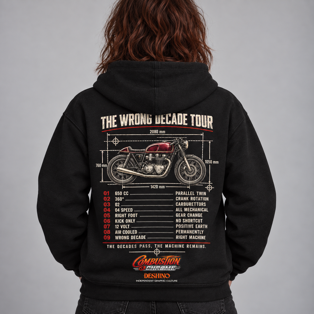 A person shown from the back wearing a black hoodie with a large vintage motorcycle graphic and parts list on the back, against a plain light gray studio background.