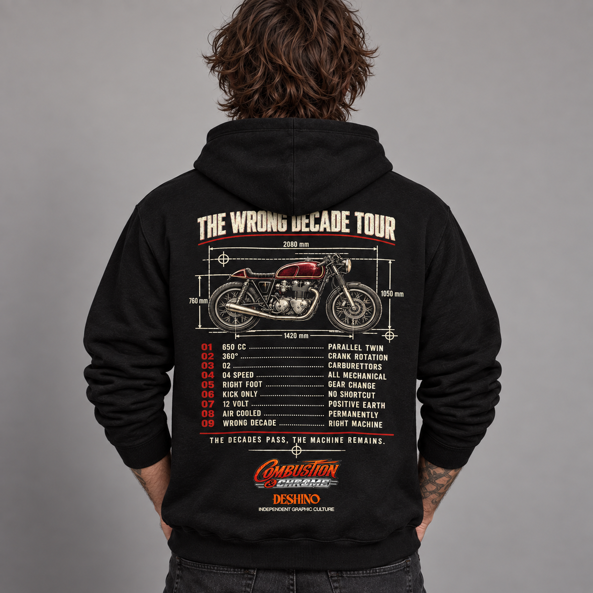 A person shown from the back wearing a black hoodie with a large vintage-style motorcycle technical schematic print on the back. The print includes the text 'THE WRONG DECADE TOUR', a motorcycle illustration with dimensions, a list of parts, and a visible Motorcycles illustration.