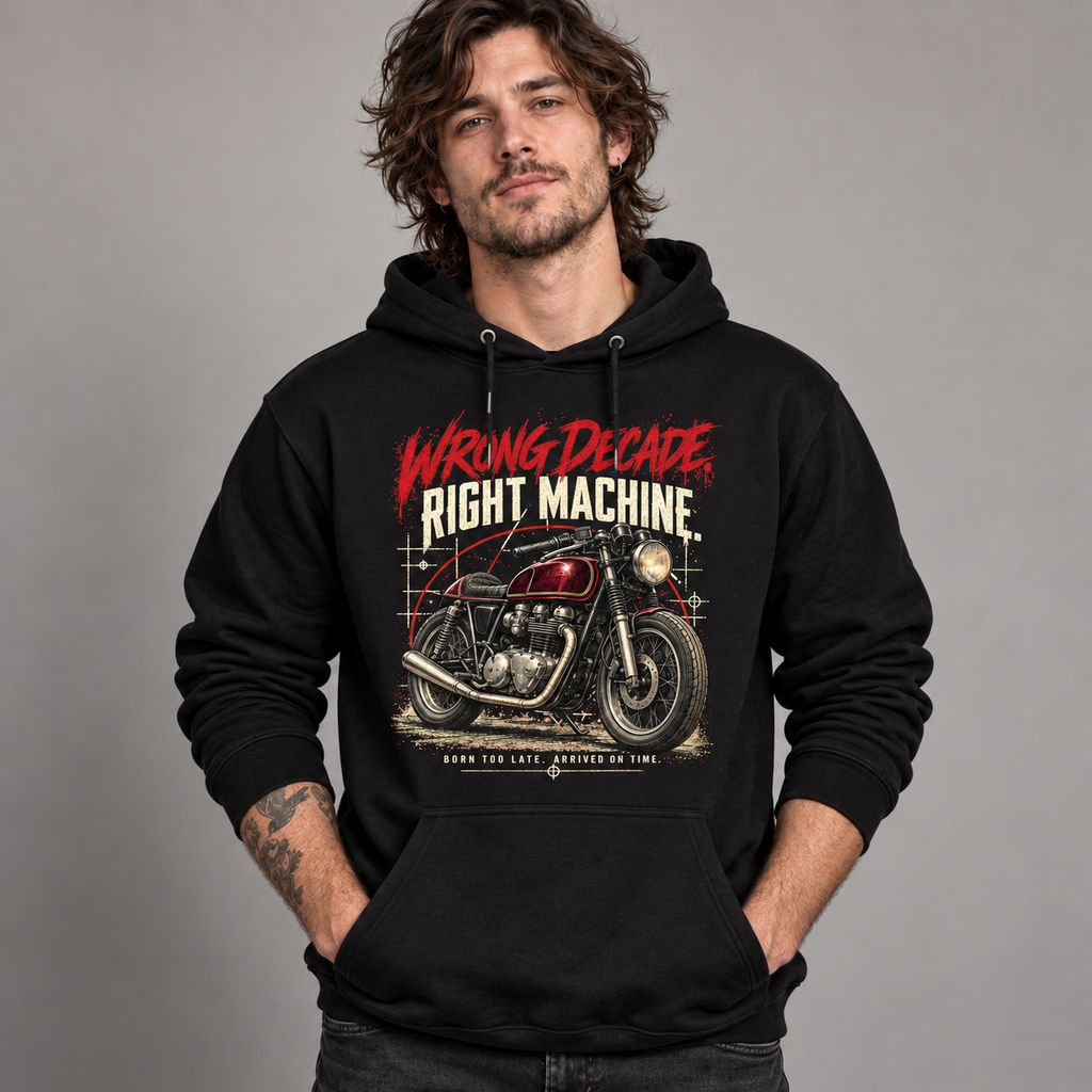 A man wearing a black pullover hoodie with a vintage-style motorcycle graphic and the text 'WRONG DECADE, RIGHT MACHINE.' on the front, posed against a neutral gray studio background.
